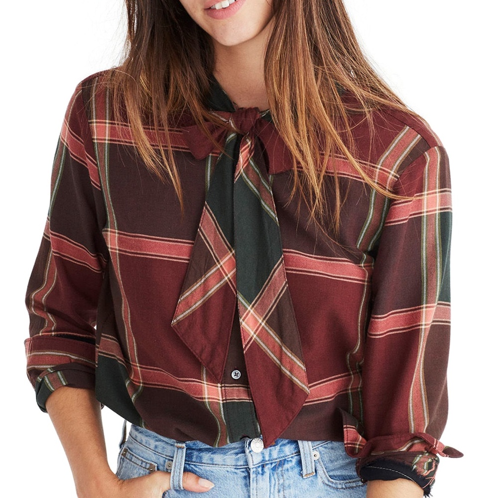 Madewell Plaid Tie Neck Shirt